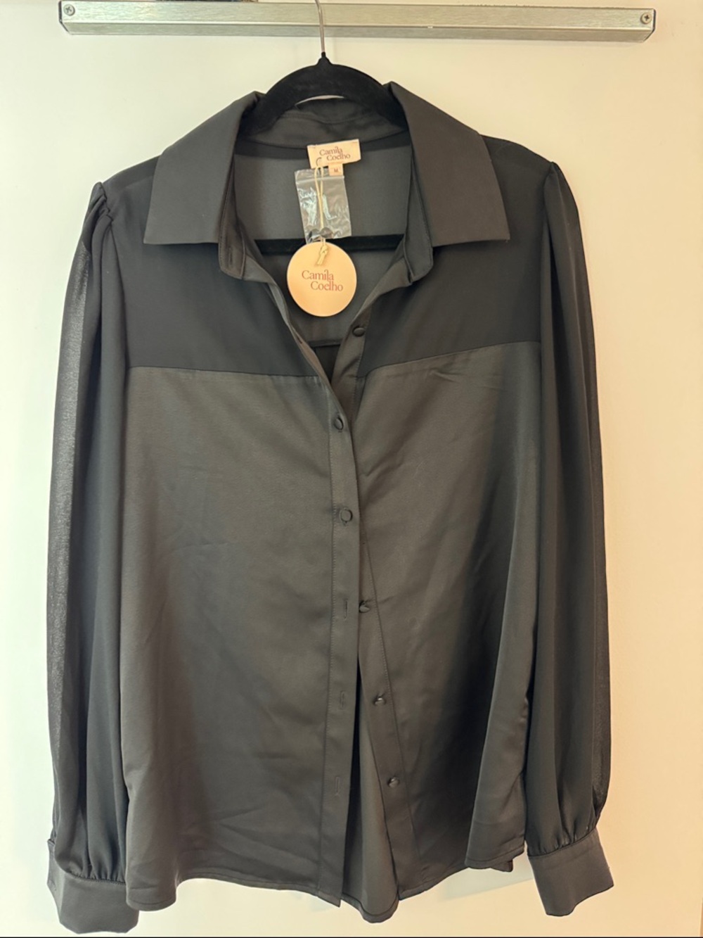 New with tags Camila Coelho Black Sheer Long-Sleeve Button Blouse
